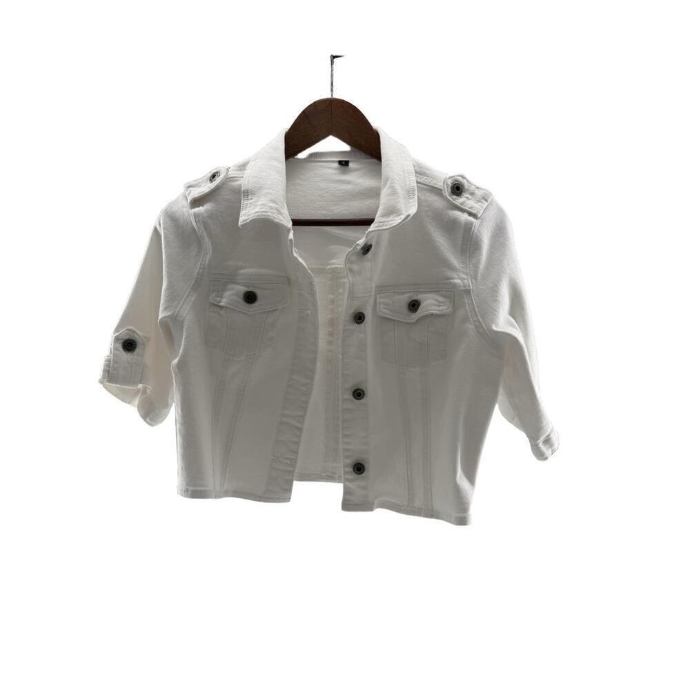 White Denim Short Sleeve Buttoned Chest Pockets Epaulettes